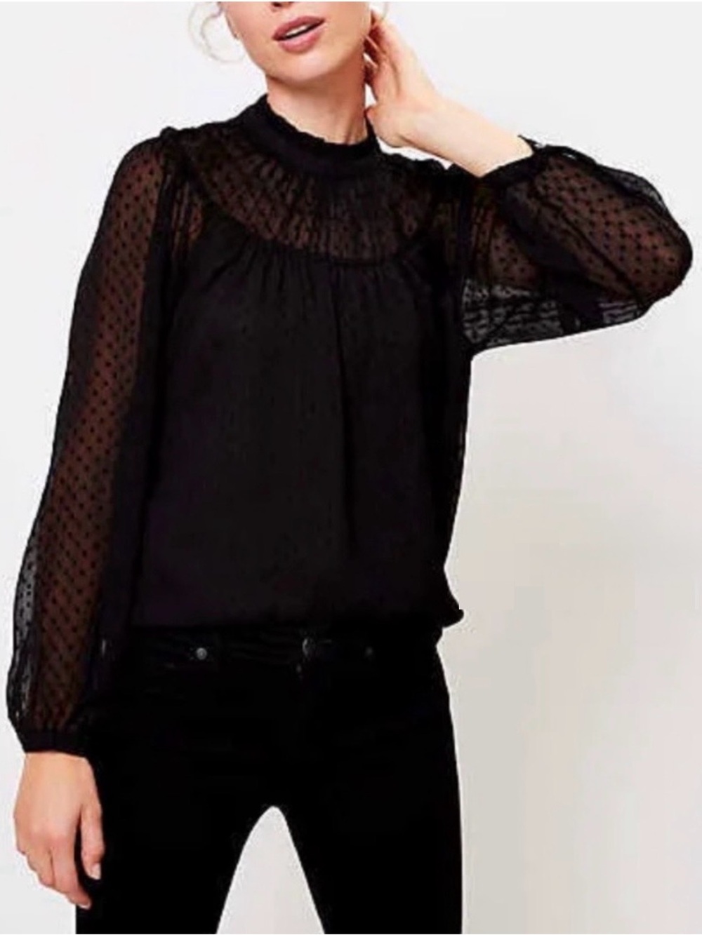 LOFT Black Swiss Dot High-Neck Sheer Blouse